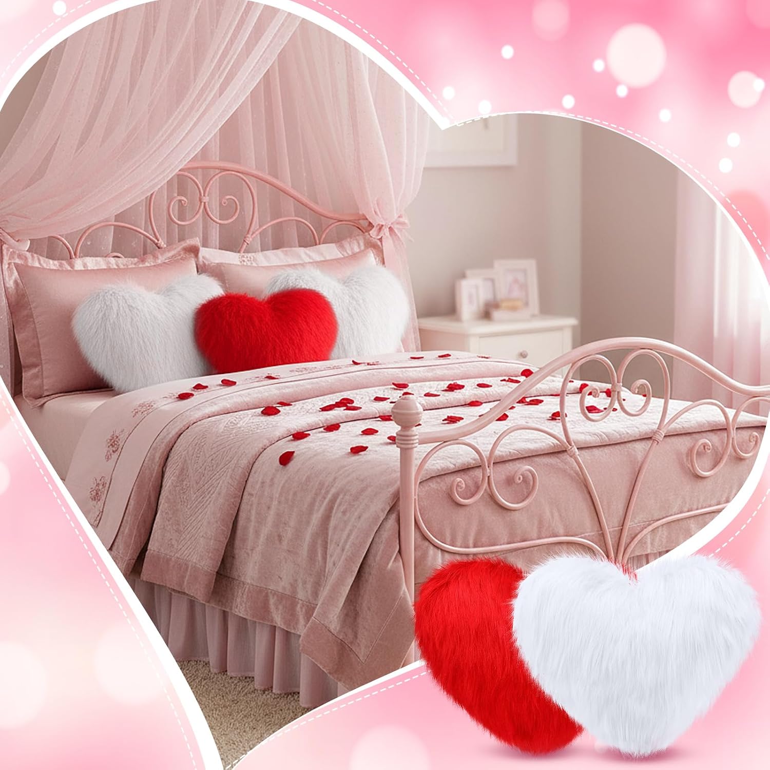 Maitys 4 Pcs Heart Shaped Pillows 12 x 16 Inch Faux Fur Throw Fluffy Cute Soft Throw Pillows Decorative with Insert for Anniversary Bedroom Living Room Sofa Couch (White,Red)
