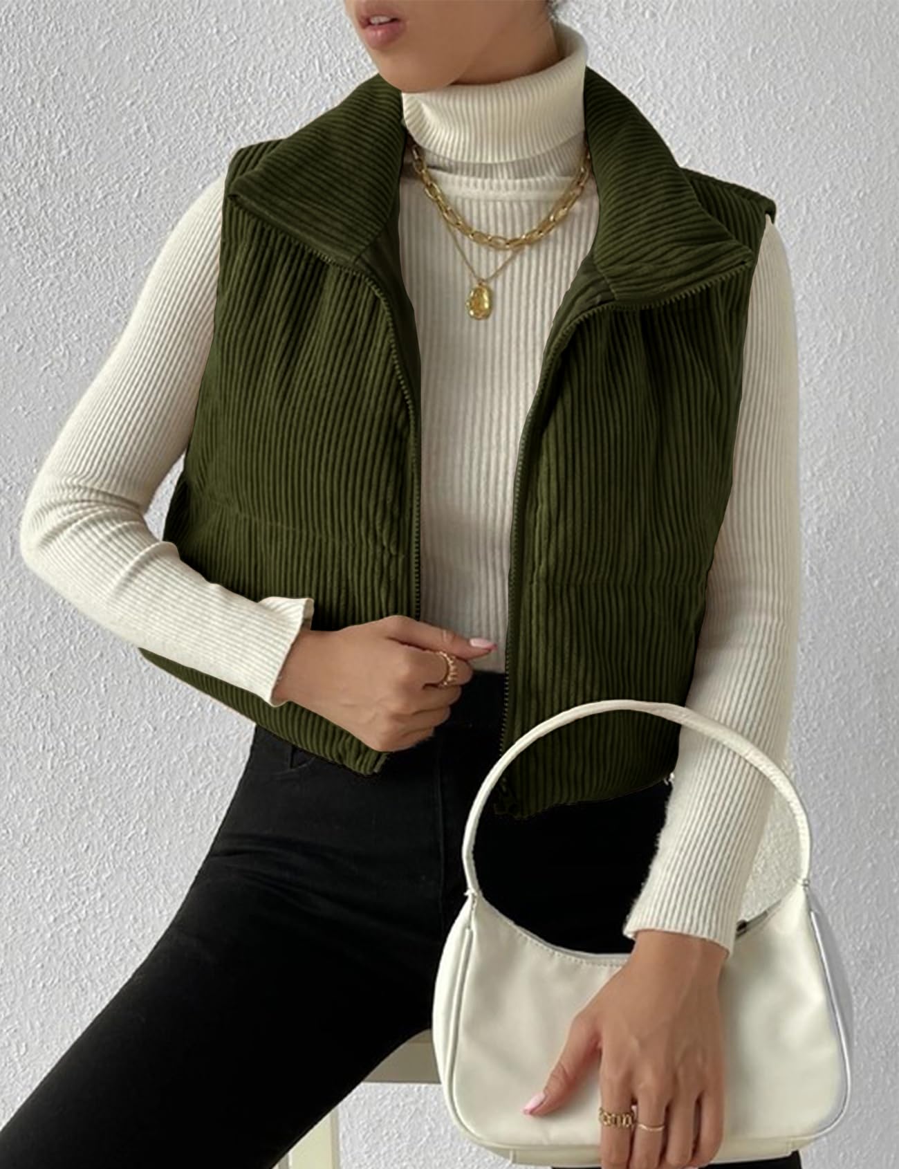 Gihuo Damen Cord-Puffer-Weste Cropped-Stehkragen Reißverschluss Weste Gesteppte Ärmellose Jacken Weste