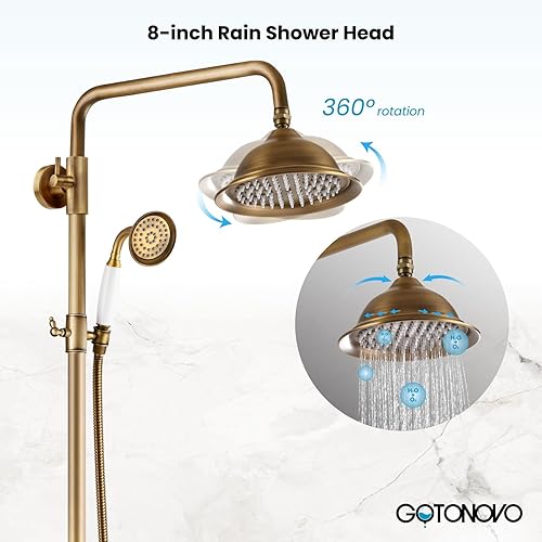 Miniatura 3 de Antique Brass Shower System 8 Inch Rainfall Shower Head Handheld Spray Double Cross Handle Bathroom Shower Faucet Wall Mount