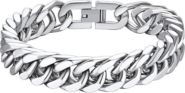 Richsteel Mens Women Franco Chain Bracelet, Curb Link Hip Hop Chain Bangle Jewellery, 8/12/17MM Width, 19/21/23CM Length, Stainless Steel/18K Gold Plated/Black
