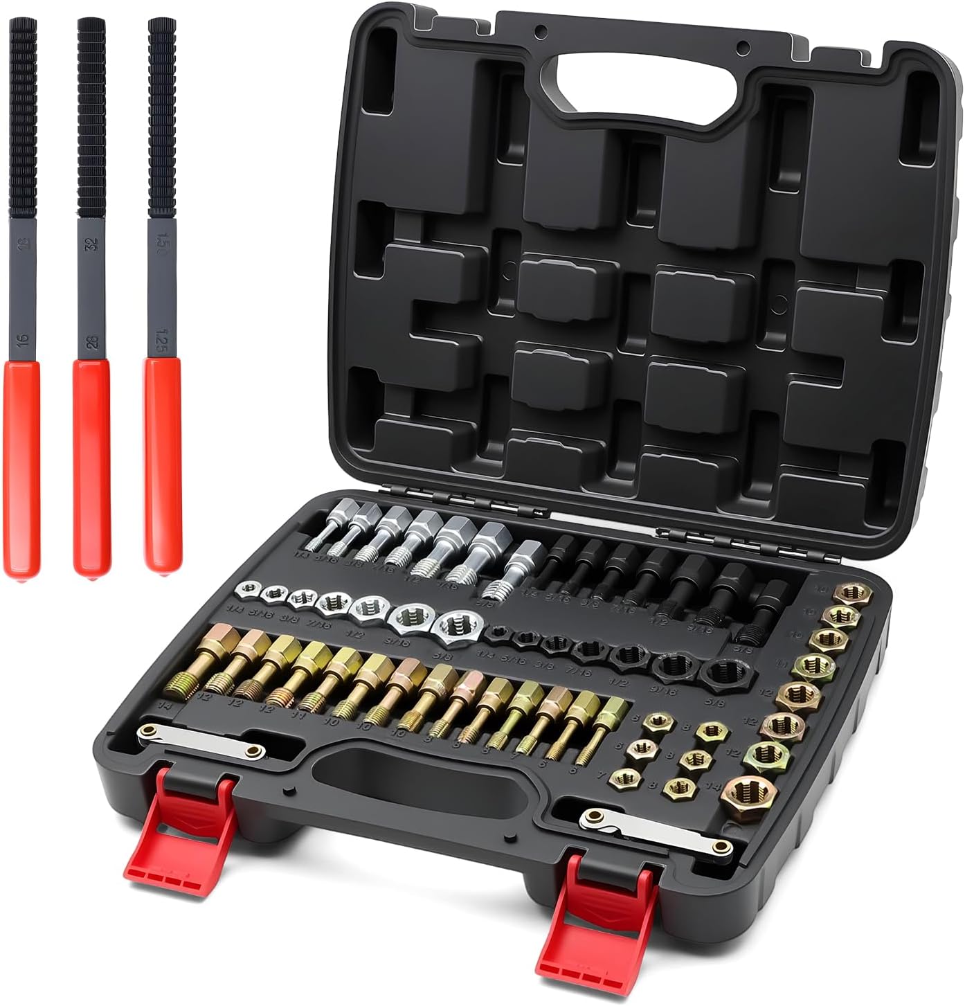 61-Piece Thread Repair Kit, Metric/UNC/SAE Thread Chaser Set with Taps, Dies, Files & Pitch Gauge, Rethreading Tool for Auto Mechanics, DIY - Rethread Damaged Screws, Bolts, Nuts