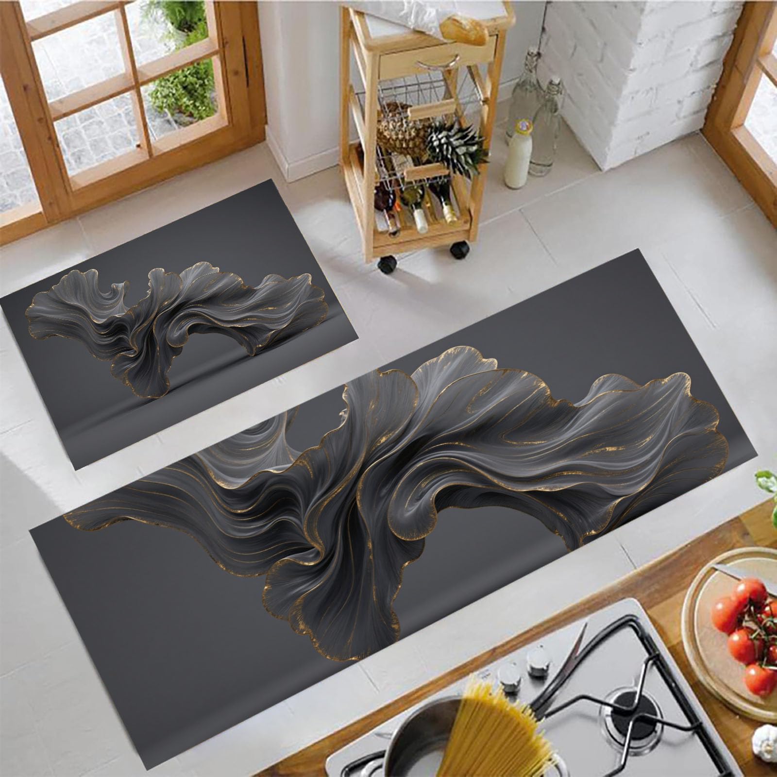 Tapis de cuisine abstraite 2 pièces ensemble de tapis lavable de sol 50x150cm et 50x80cm chic
