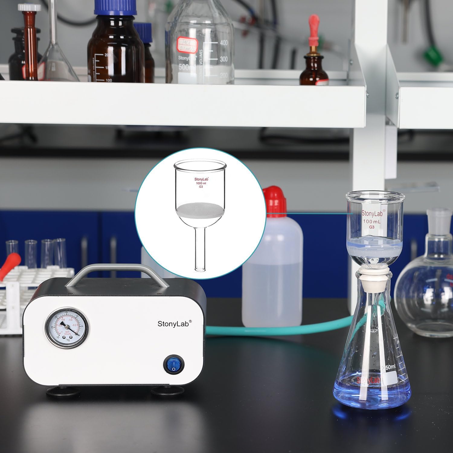 stonylab Bundle 12 Items: 250ml Buchner Funnel, 74mm Filter Paper, Filter Adapter Cones, and 3.3ft Rubber Tubing