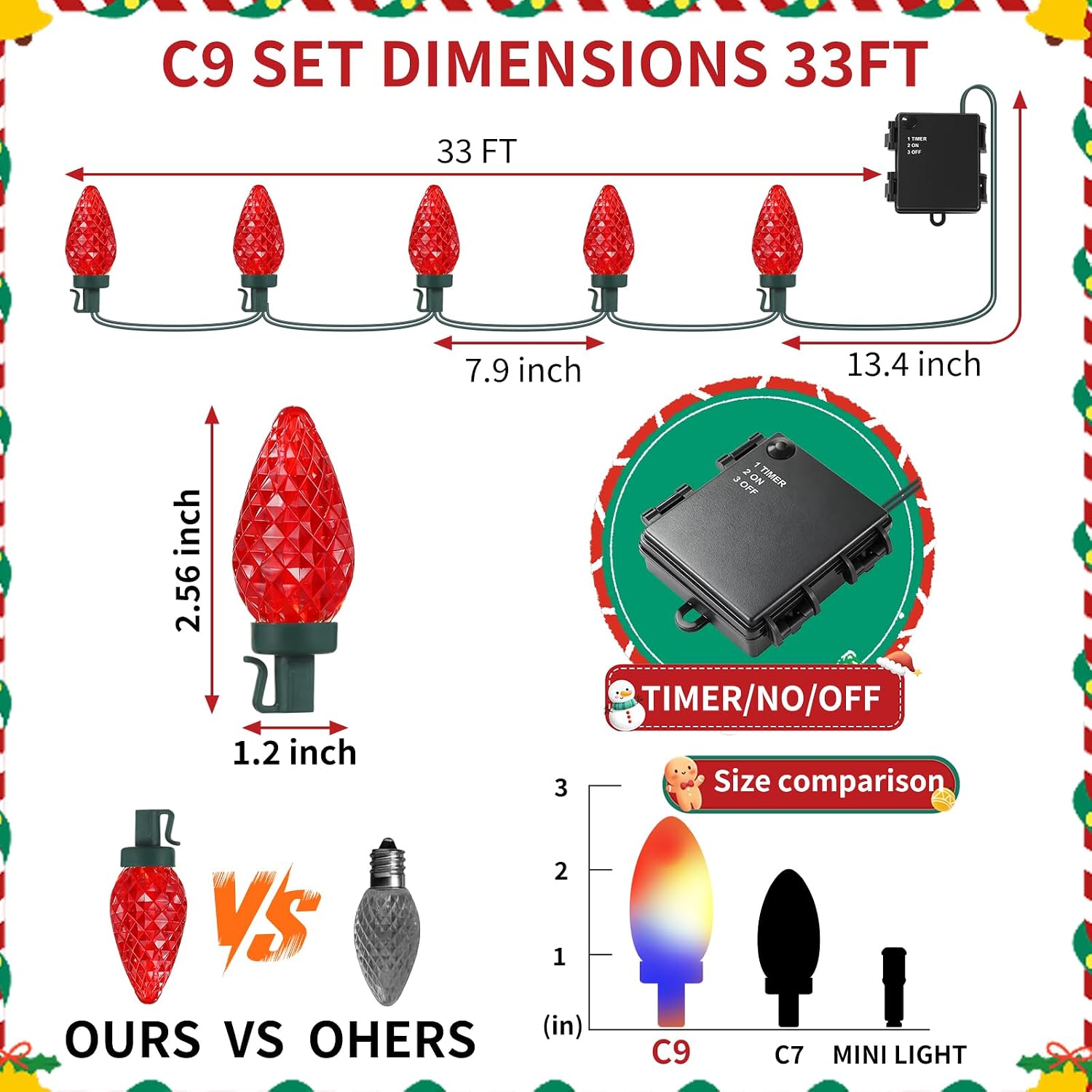 C9 Christmas String Lights, Waterproof 33 FT 50 LED Battery Operated Lights String & Timer, C9 led Christmas Lights for Indoor Outdoor Home Yard Xmas Tree House Decorations