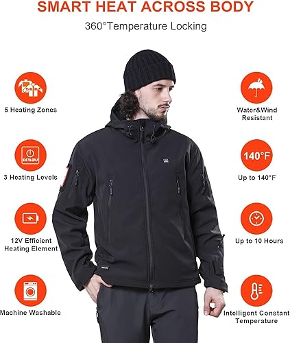 Miniatura 3 de DEWBU Chaqueta de hombre con calefacción eléctrica para invierno y con batería de 12 V, abrigo con revestimiento suave para exteriores