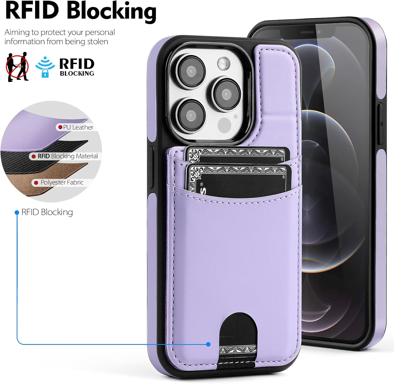 Compatible with Magsafe for iPhone 13 Pro Max Wallet Case with Card Holder Kickstand RFID Blocking Flip Cover Credit Card Slots PU Leather Men Women,Phone Case for Apple 13ProMax,Light Purple - Image 3