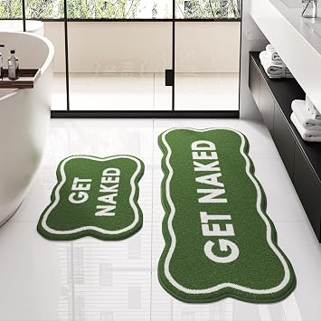 BSSN Get Naked Bath Mat, 2 Pieces Cute Green Bathroom Rugs Set, Ultra Absorbent Microfiber Tufted Bath Rug, Non-Slip & Machine Washable, 16"x24" + 18"x47" Fun Aesthetic Decor for Shower & Tub