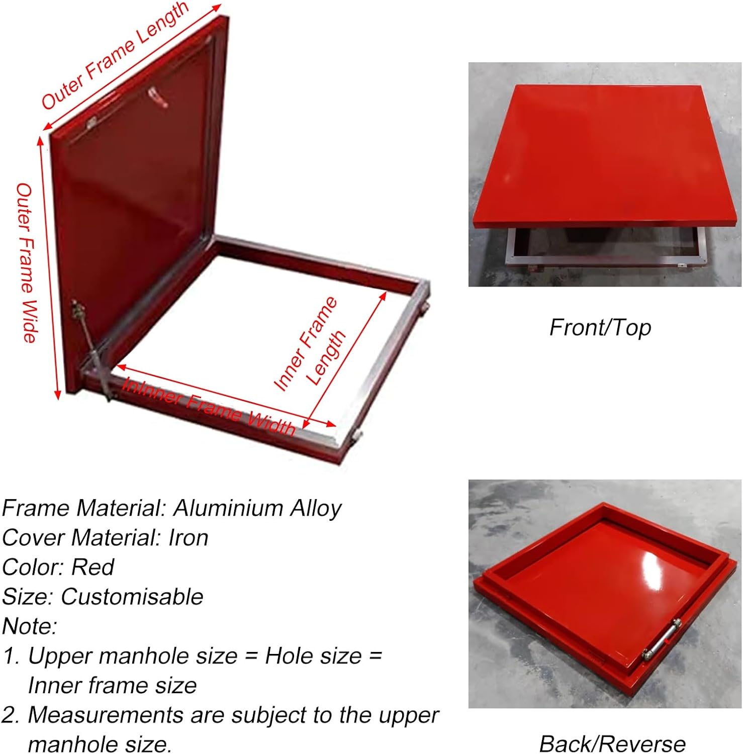 Outdoor Metal Attic Skylight Lids, Red Rectangular Basement Exit Covers with Hasp Latch Gas Shock Strut, Heavy Duty Rooftop Hatch Cover Plate