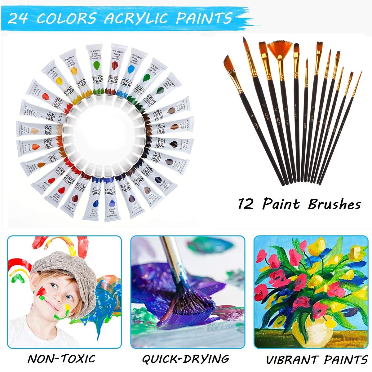 HOTOOLME - Acrylic Paint Set di colori acrilici per bambini, con 24 colori acrilici, cavalletto in legno, tela, pennelli, palette e custodia, set completo per dipingere per ragazzi e ragazze