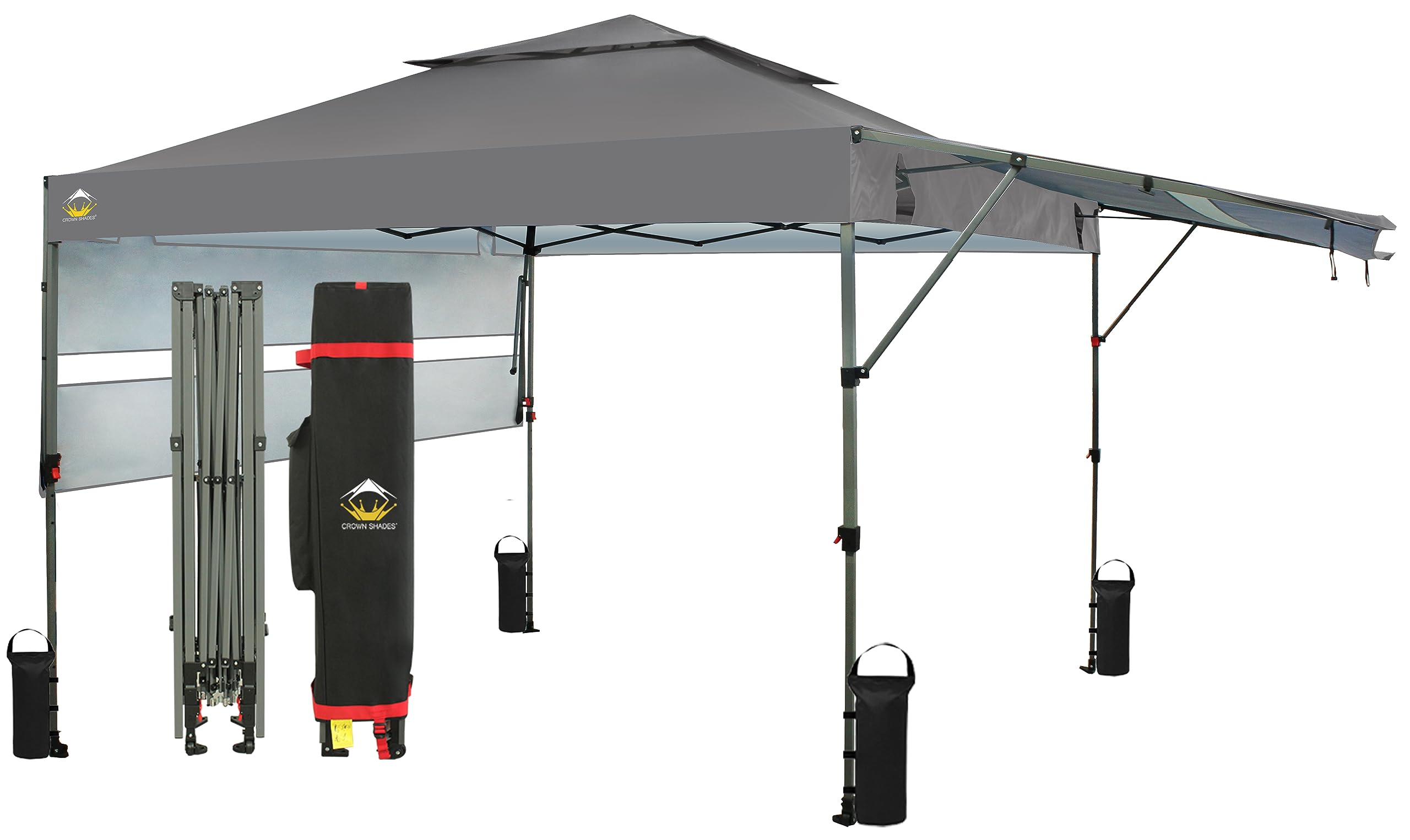 CROWN SHADES 10x10 Pop up Canopy Tent Patended Centerlock Instant Commercial Canopy with 150D Silver Coated Fabric Including 2 Extend Awnings, 4 Ropes, 8 Stakes, 4 Weight Bags, STO 'N Go Bag, Grey