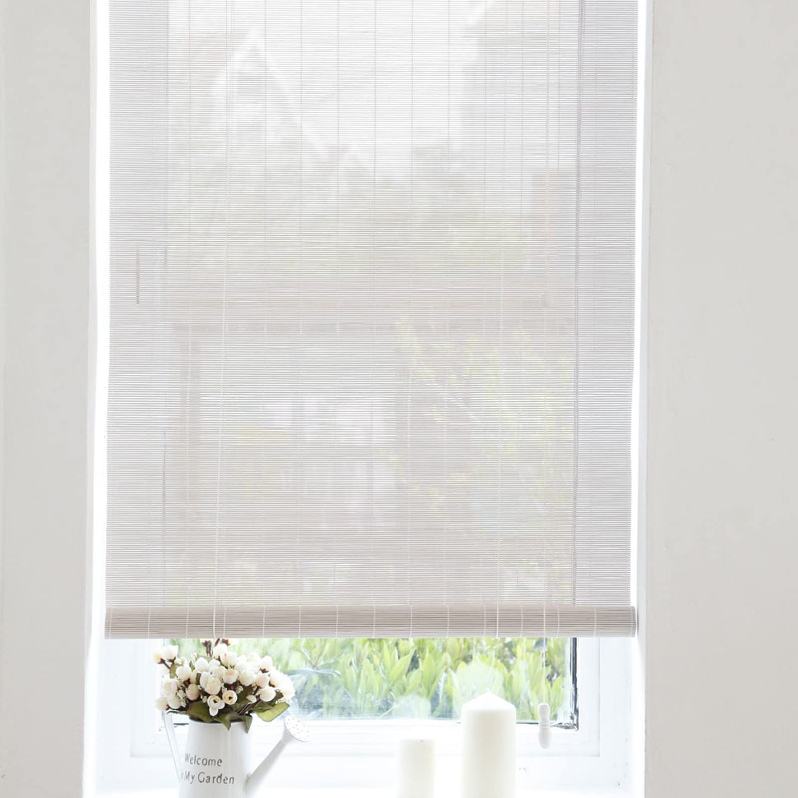 Stores à Enrouleur en Bambou Blanc,Store Occultant en Bambou Exterieur,Store Pare-Soleil pour Terrasse,50% Intimité Écran Filtrage De La Lumière Stores Enroulables (WxH:70x140cm/28x55in)