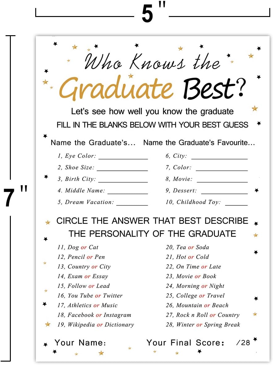 Graduation Party Game Cards - Who Knows The Graduate Best (36-Pack)- Graduation Party Collection Grad Celebration Party Supplies for High School/College/Senior School