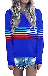 ECOWISH Women's Sweater Rainbow Colorful Striped Sweaters Long Sleeve Crew Neck Color Block Casual Pullover Blouse Tops