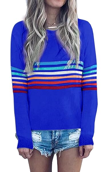 ECOWISH Women's Sweater Rainbow Colorful Striped Sweaters Long Sleeve Crew Neck Color Block Casual Pullover Blouse Tops