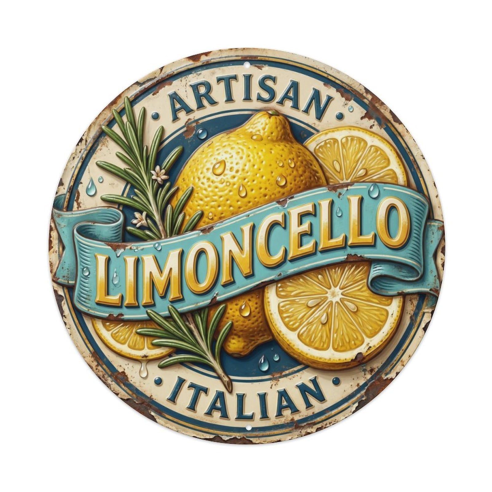 Artisan Italian Limoncello Crest Metal Tin Sign Plaque Wall Decor for Cafe, Club Bar, Office, Home Garden Round Metal Poster 8x8Inch