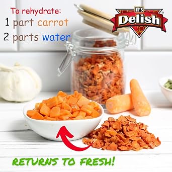 Dried Carrots by Its Delish, 36 Oz (2.25 lbs) Jumbo Size Container of Dehydrated Chopped Carrots | Carrot Dices for Soup Vegetables, Food Supply and Camping, All Natural, Vegan, Kosher