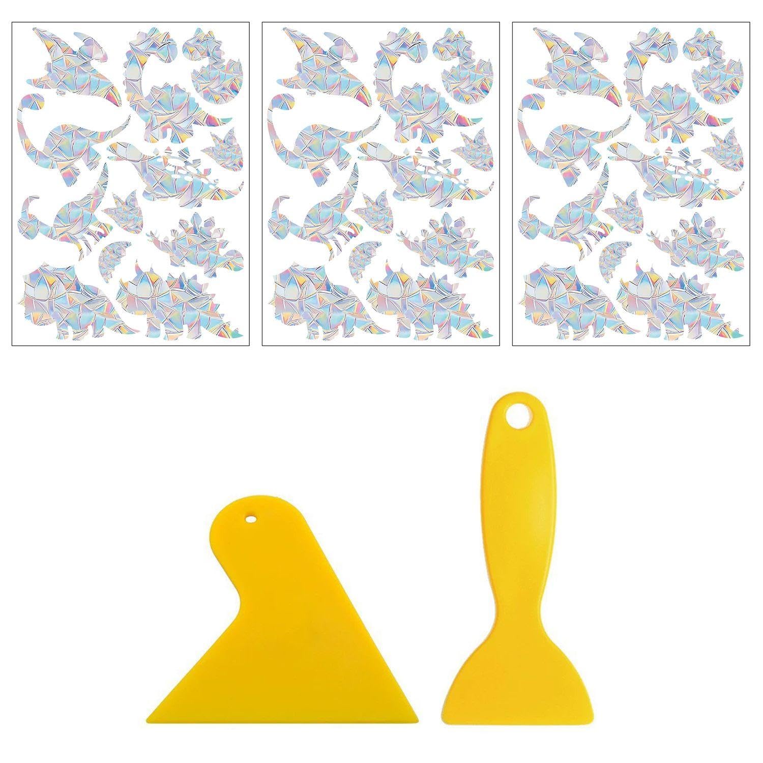 NIDHFG 3 Pieces Of Dinosaur Prism Colorful Window Stickers, 2 Pieces Of Plastic Scraper, Sun Catcher, Bird Anti-Collision Protection Accessories, Electrostatic Glass Stickers.