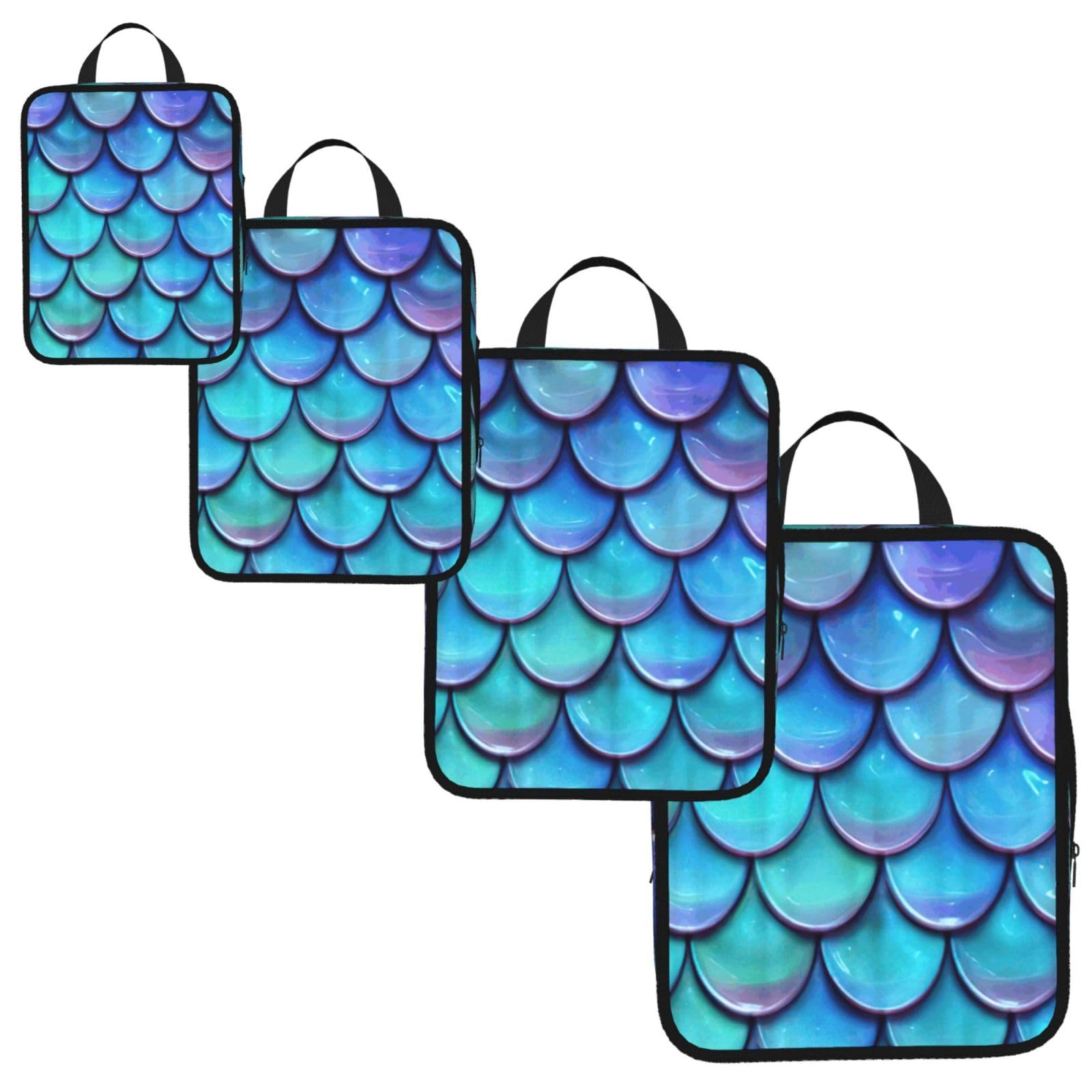 Mermaid Teal Fish Scale Print 4 Set Compression Packing Cubes for Suitcases,Expandable Storage Bag Organizers