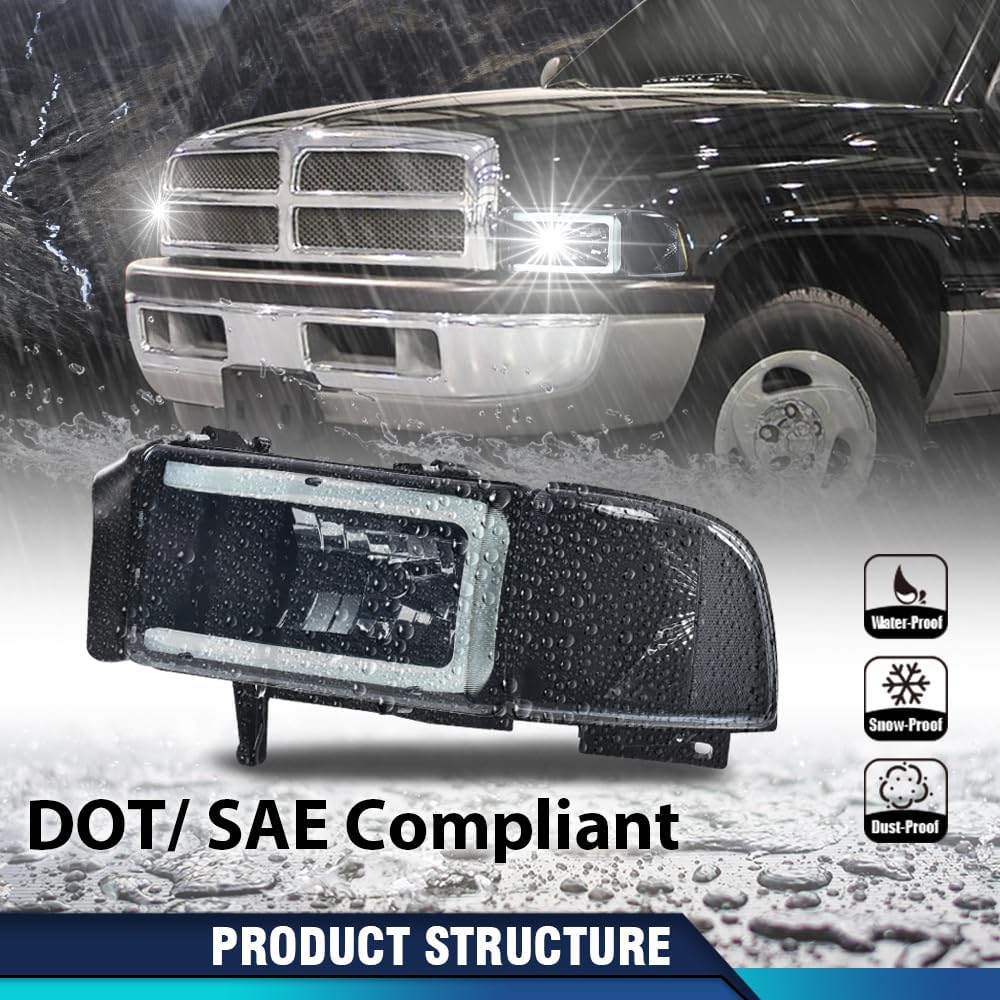 PIT66 Pair Headlight LED Light Strip w/o Bulbs Compatible with Dodge Ram 1500 1994-2001/Dodge Ram 2500 3500 1994-2002 (Not Fit Sport & Ram Van Model) Headlamps Smoky Lens Black Housing Clear Reflector