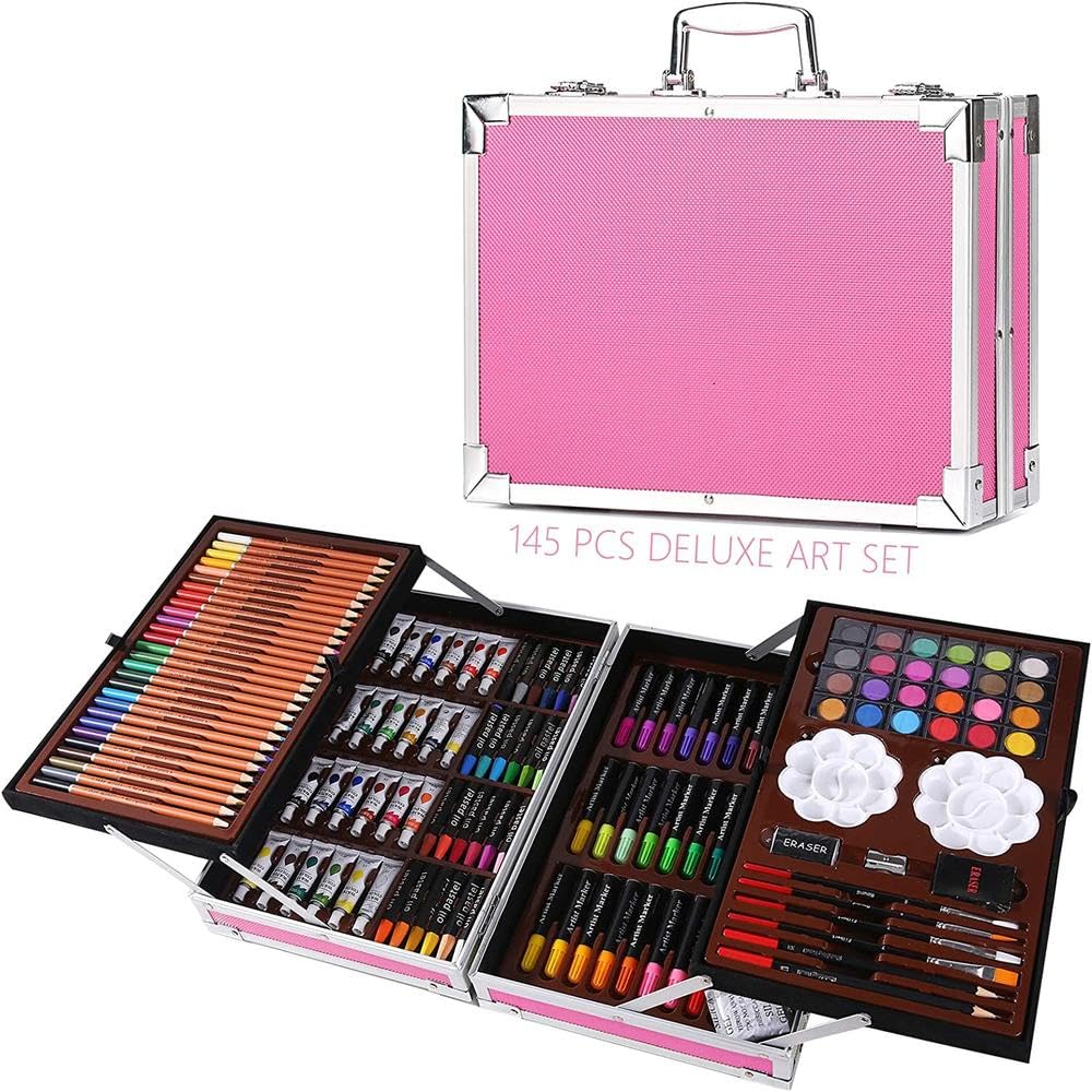 Etui na artykuły artystyczne, 145 sztuk, rękodzieło, malarstwo, kolorowanie, rysunek z podkładką do szkicowania, Deluxe, przenośne warstwy, aluminiowe pudełko prezentowe w stylu wężowej skóry dla
