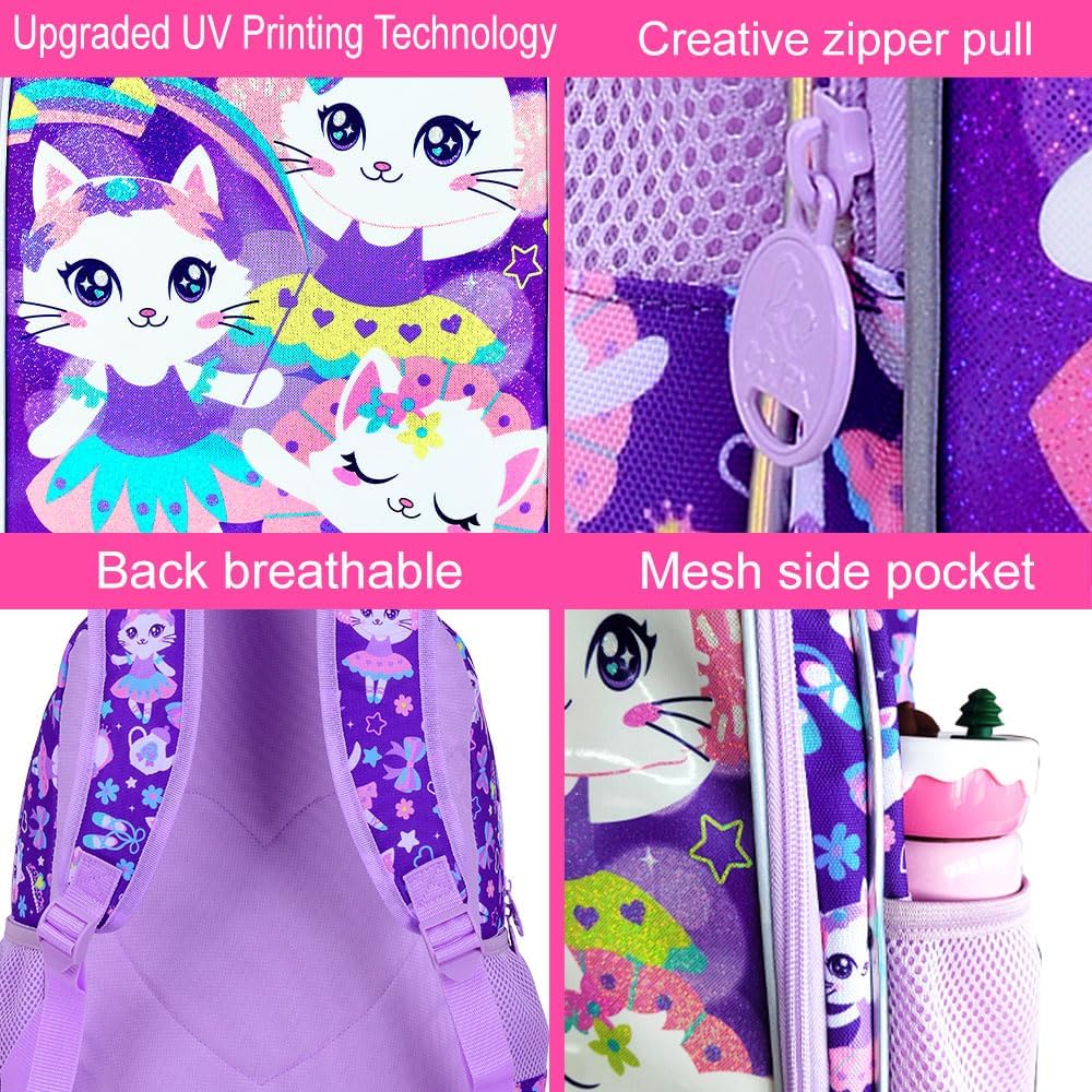 KLFVB 3PCS Girls Cat Backpack, Water Resistant Kids Bookbag with Lunch Box, 16" Preschool Backpacks for Elementary - Purple Cat - Image 5