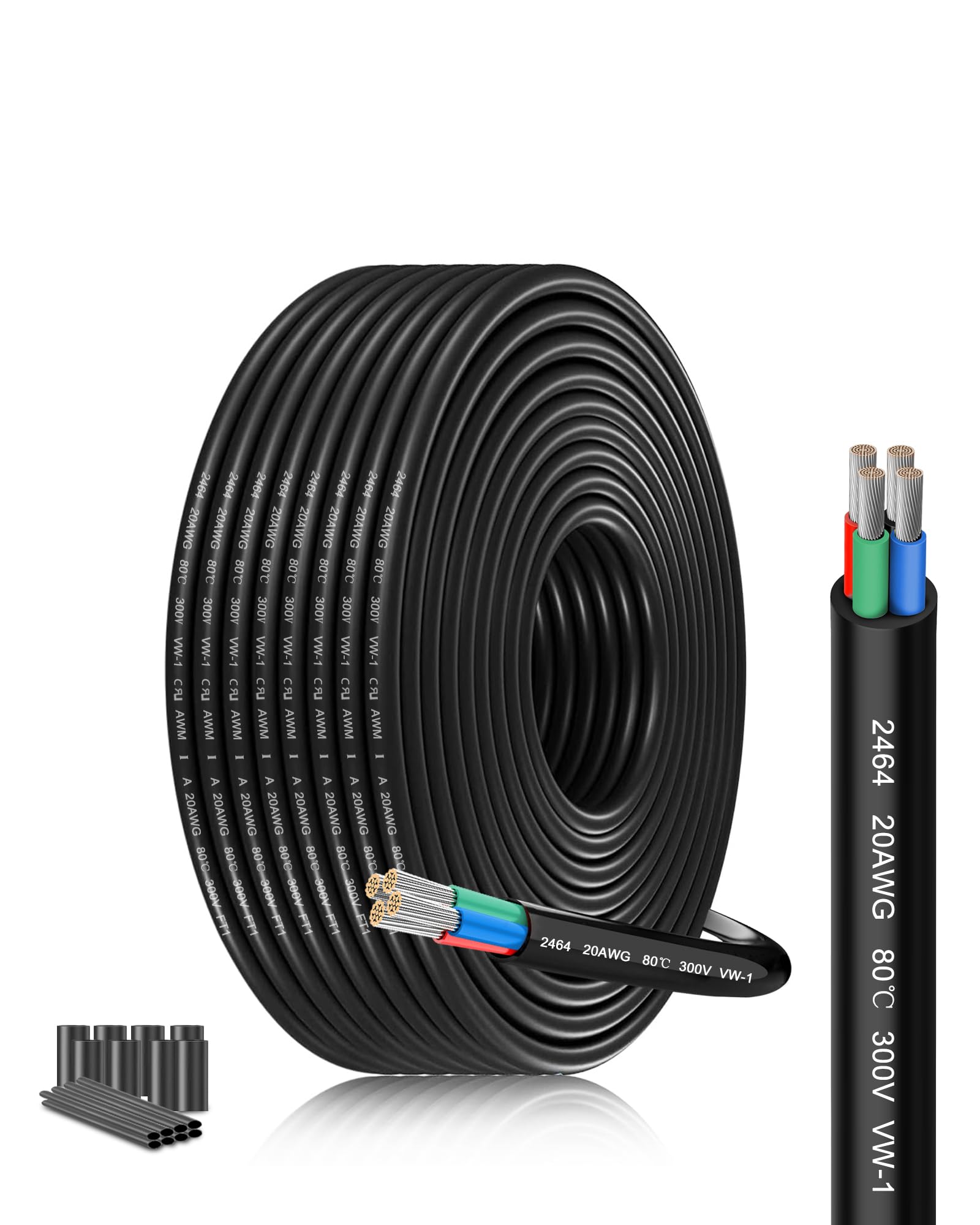 20 Gauge 4 Core Wire | Oxygen-Free Stranded Copper 0.5mm²×4 | Extra-Long 15M/49.2FT Cable | 5V-240V Heat-Resistant for Garden Lighting, Marine Electronics & DIY Projects