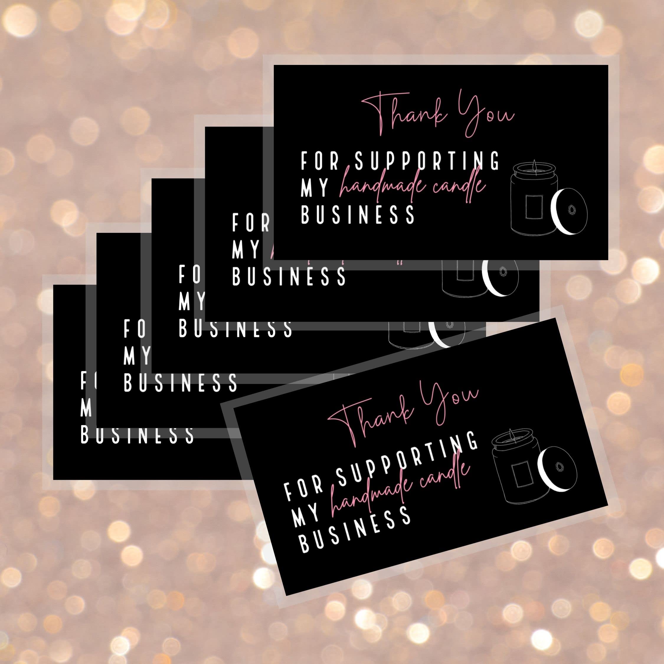Biglietti Ringraziamento Per Candele Fatte A Mano – 50 Pz. – Cartoncino Nero Con Scritte Rosa E Bianco – 5x8,9 Cm – Cura Della Candela