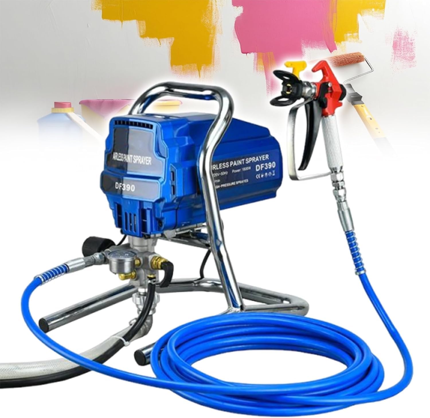 MINHUIJIHUI Airless Paint Sprayer, Airless Spraying Machine, 1800W, 3000PSI High Pressure, 2L/Min, 6 Speeds, 5M Hose, Even Spray Pattern, for Cabinet Ceiling Patio Painting Project