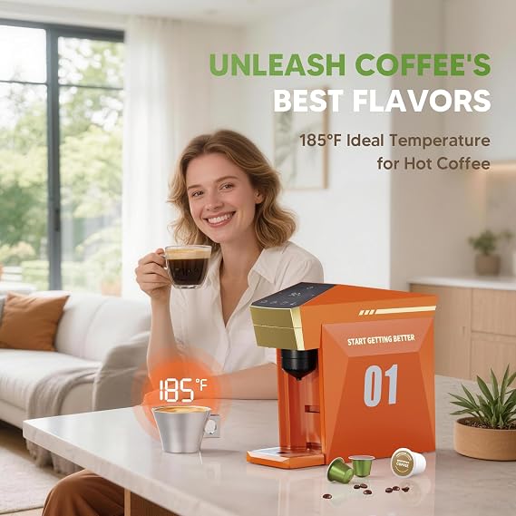 4 in1 Single Serve Coffee Maker, 19 Bar Espresso Coffee Machine For Nespresso OriginalLine Capsules/KCup/Ground Coffee, Single Cup Coffee Brewer 1400W Fast Brew in 1 Minute, with Hot Water Dispenser