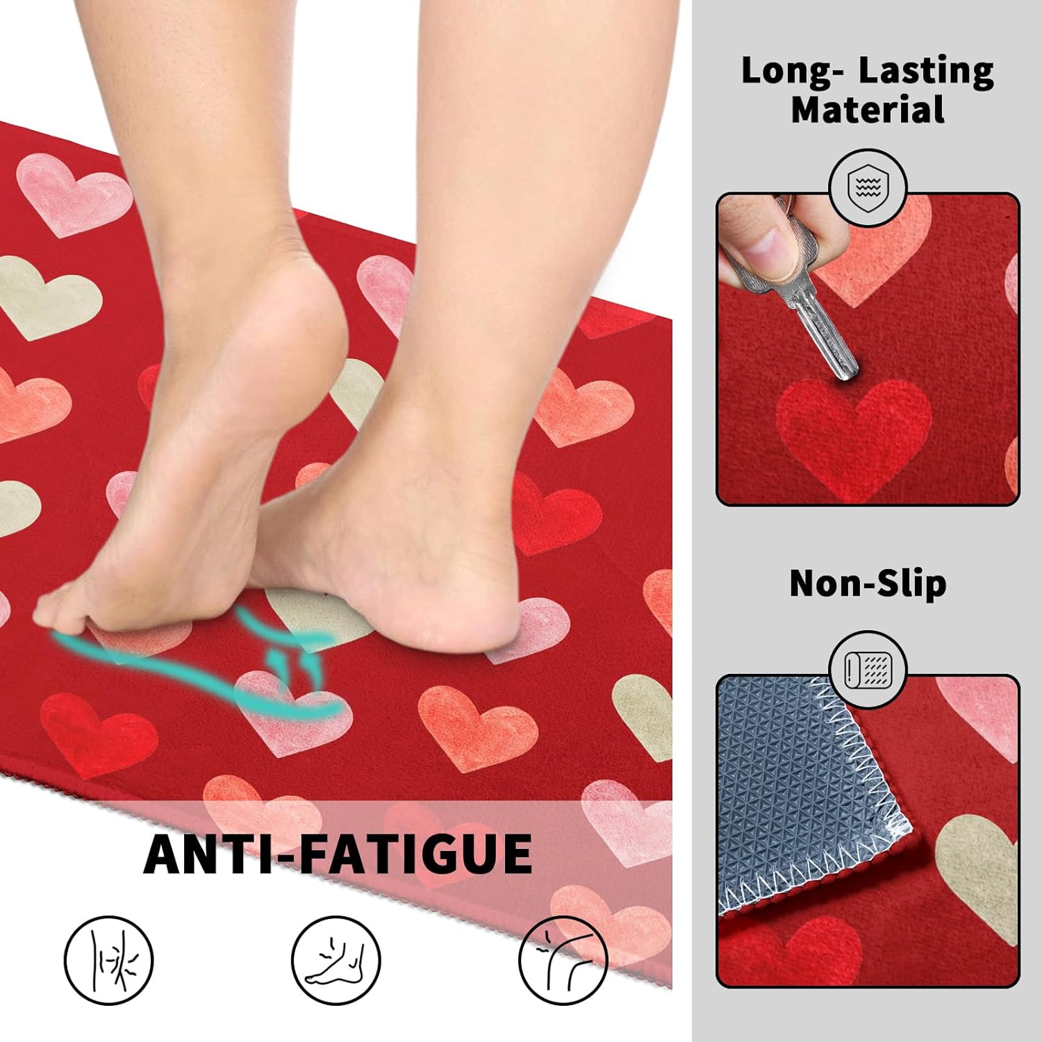 Valentines Day Kitchen Mats for Floor Set of 2 Love Heart Block Print Holiday Red Valentine Kitchen Rugs Non Slip Washable Absorbent Anniversary Kitchen Runner Rugs Decor,17x30 and 17x47 Inch