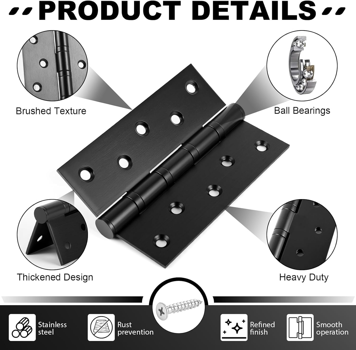 6 Pack Heavy Duty Door Hinges, 5 x 3.5 Inch Black Stainless Steel Commercial Hinges with Square Corners, Thickness Ball Bearing Hinges for Interior & Exterior Residential Doors