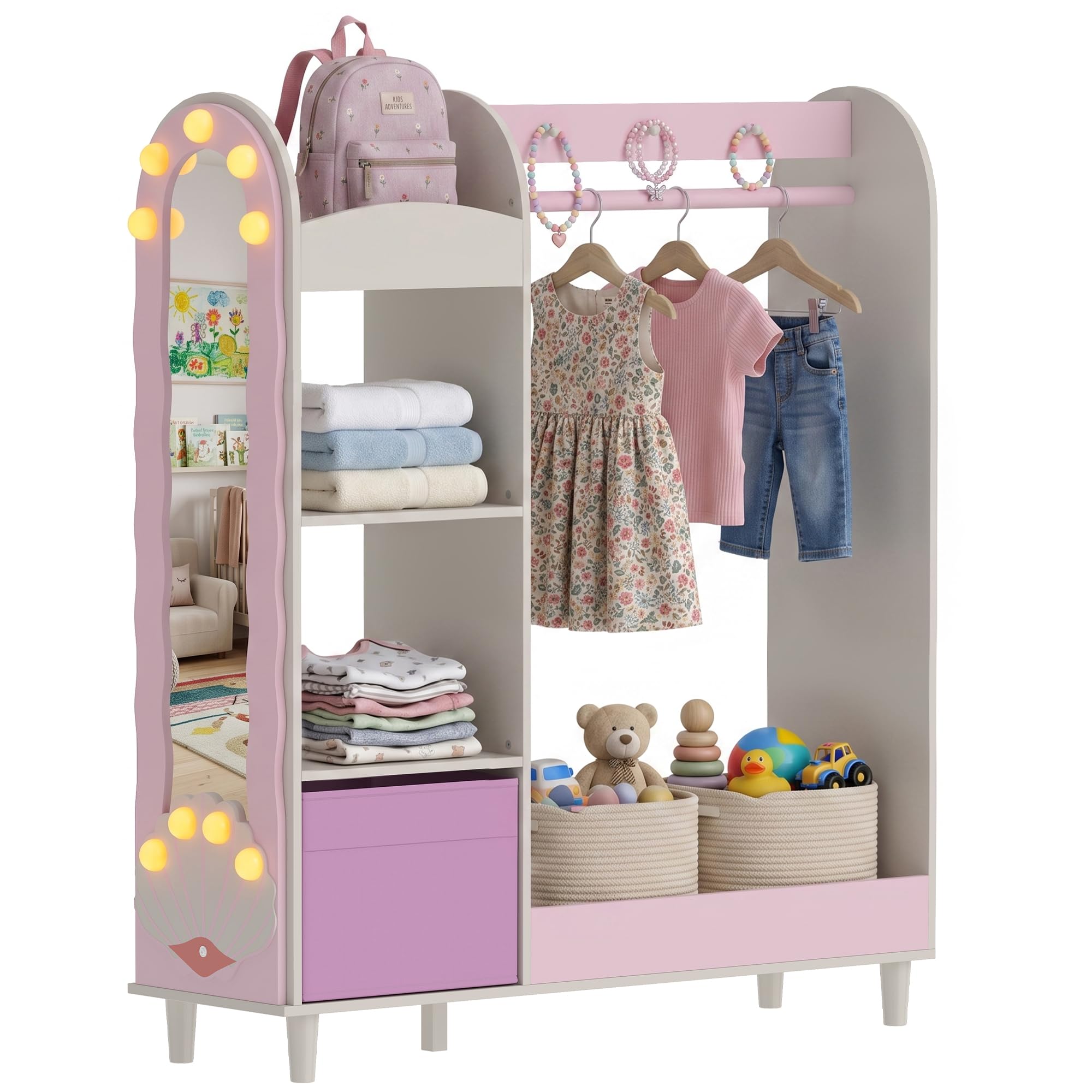 AIYAPLAY perchero infantil con espejo y cajón de tela no tejida, armario infantil para dormitorio, de 3 a 8 años, rosa