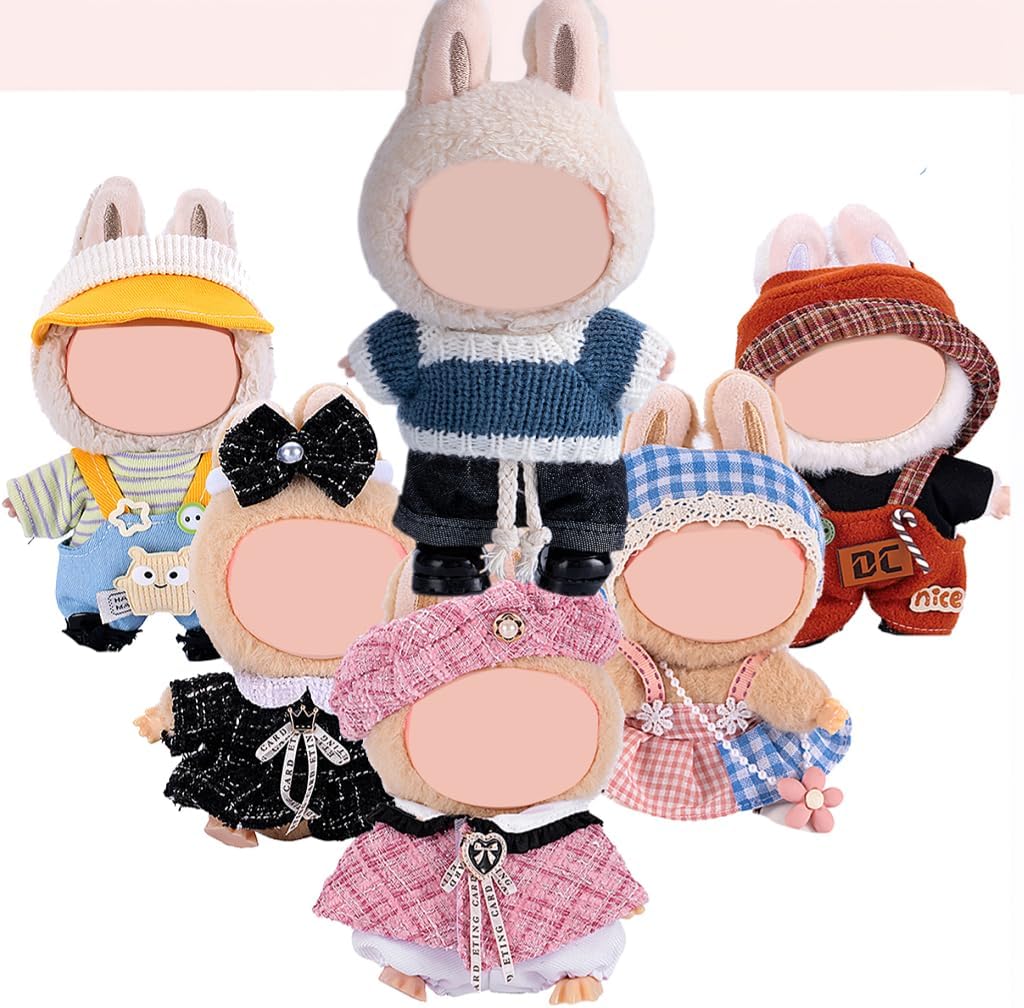 6-in-1 Fashion Clothes Sets for 17cm Dolls , Hat & Checked & Overalls Dress Up Outfit for 17cm 15cm Dolls, Stylish Doll Accessories Designer Outfits Bundle with Luxury Themes, No Doll Included