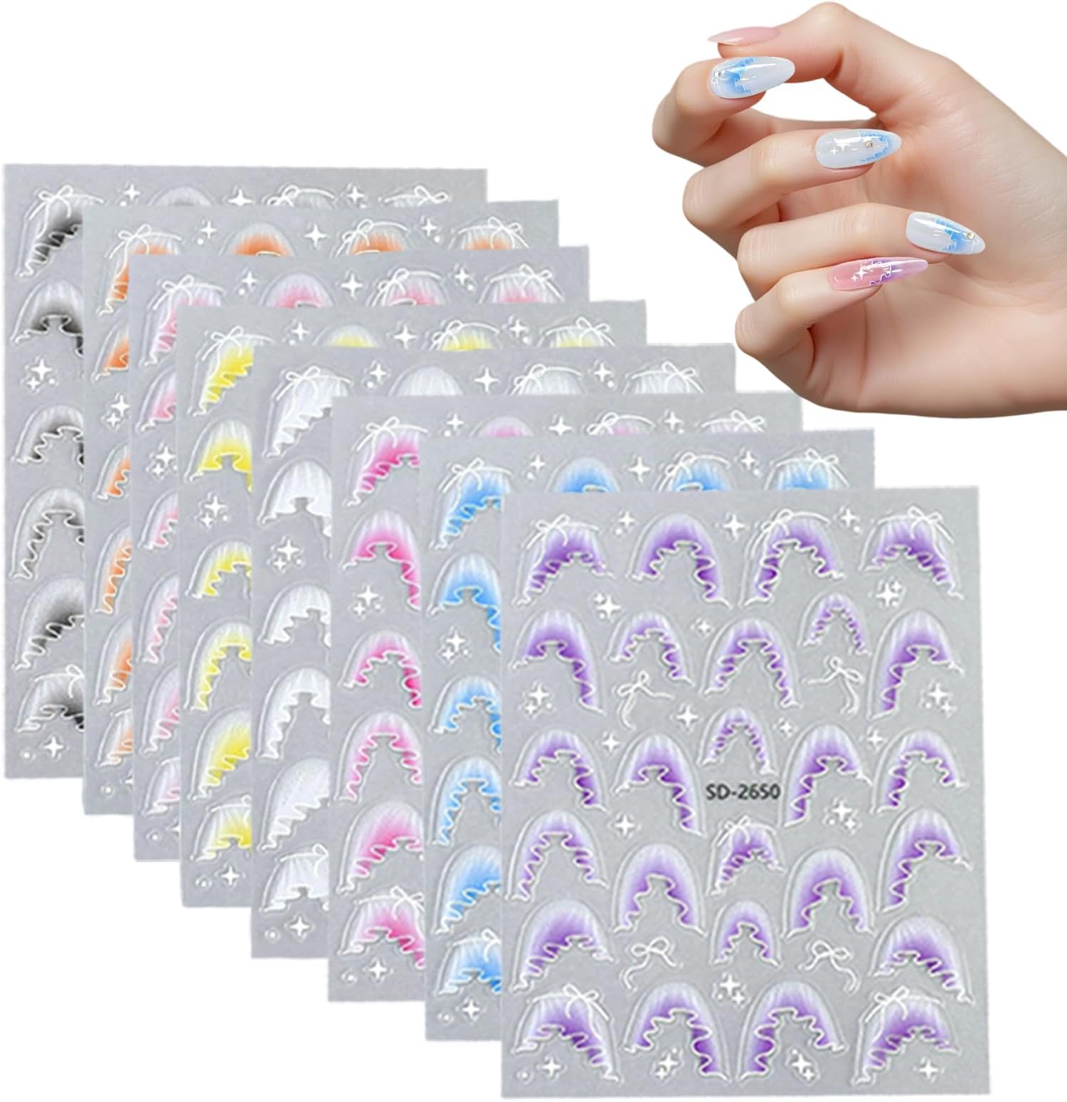 Nail French Tip Stickers | Strip 3D Embossed | 8 Sheets Self-Adhesive French Manicure Strips | for Women Girls Home Salon Beauty Art Design