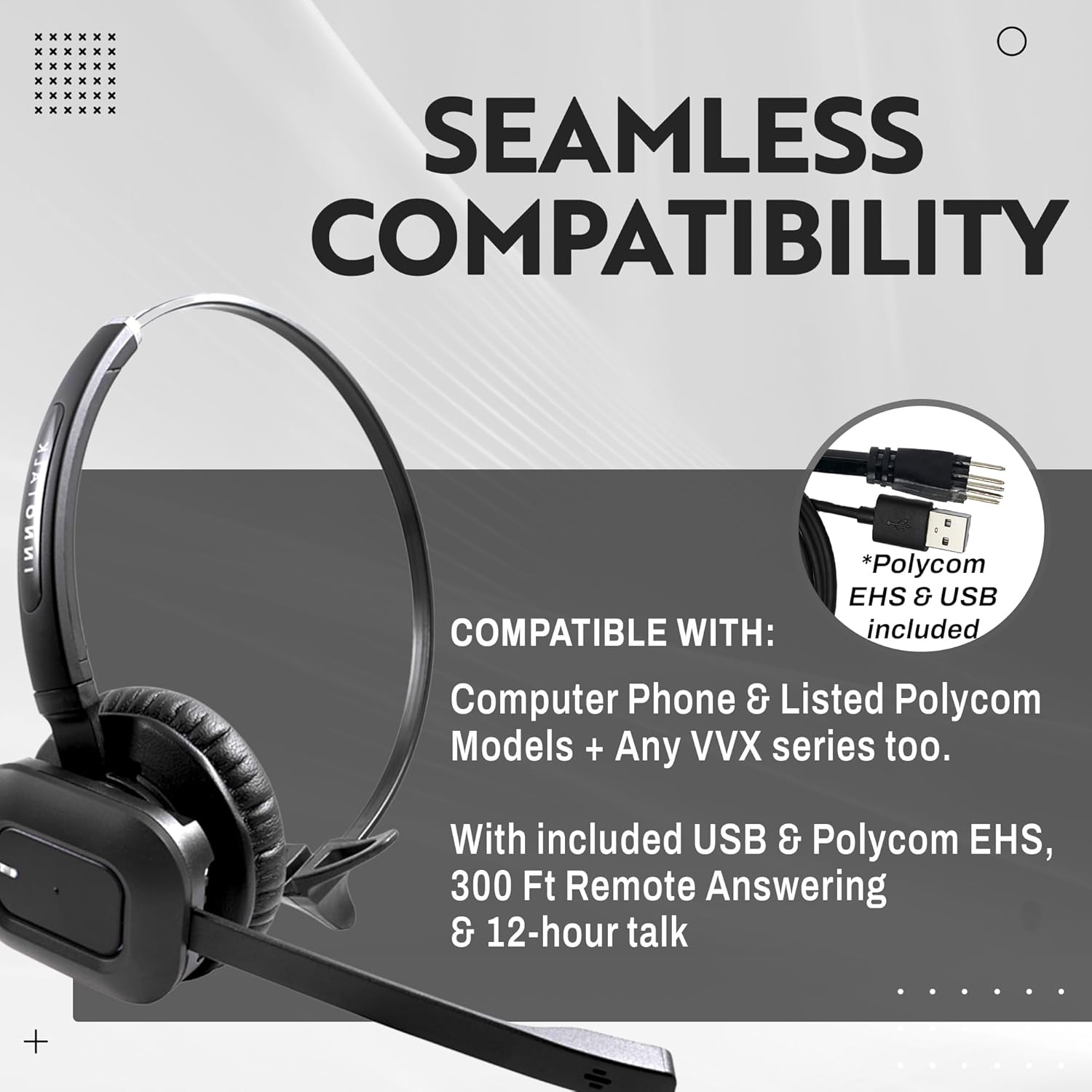 INNOTALK Wireless Headset for Computer and Compatible with Polycom VVX300, VVX310, VVX400, VVX410, VVX500, VVX600, VVX1500 Phone(Explorer)