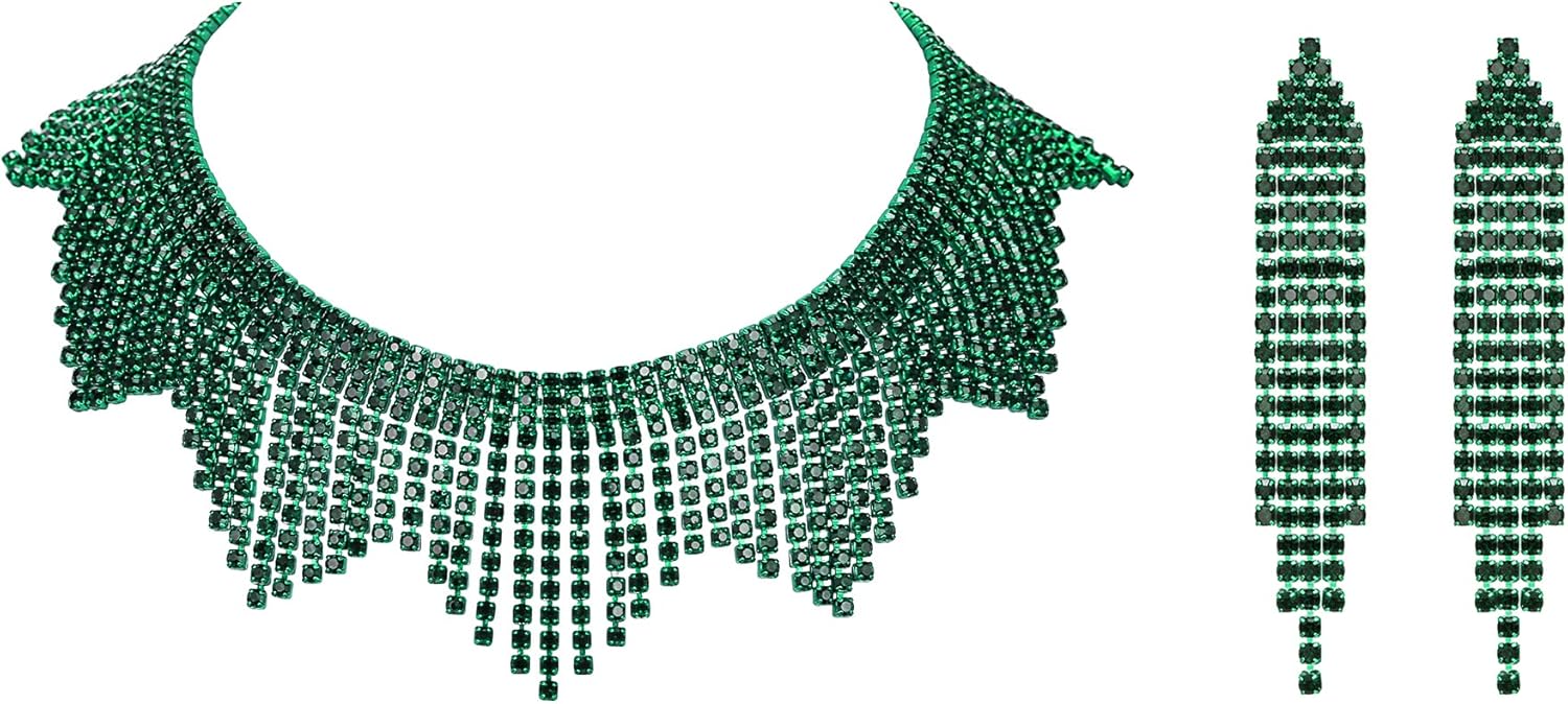 Flyonce Rhinestone Tassel Jewelry Set, Sparkly Crystal Fringe Chain Choker Necklace Chandelier Earrings Set