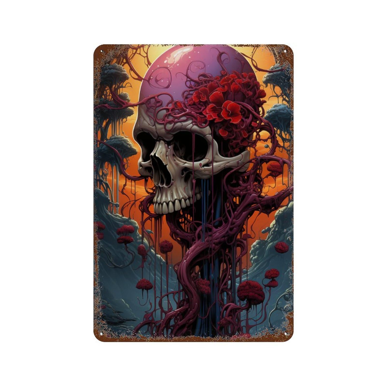 Rust Effect Skull Forest Fantasy Distressed Metal Wall Sign 11.8"x7.9", Farmhouse Wall Decor for Office, Studio And Wall Decor