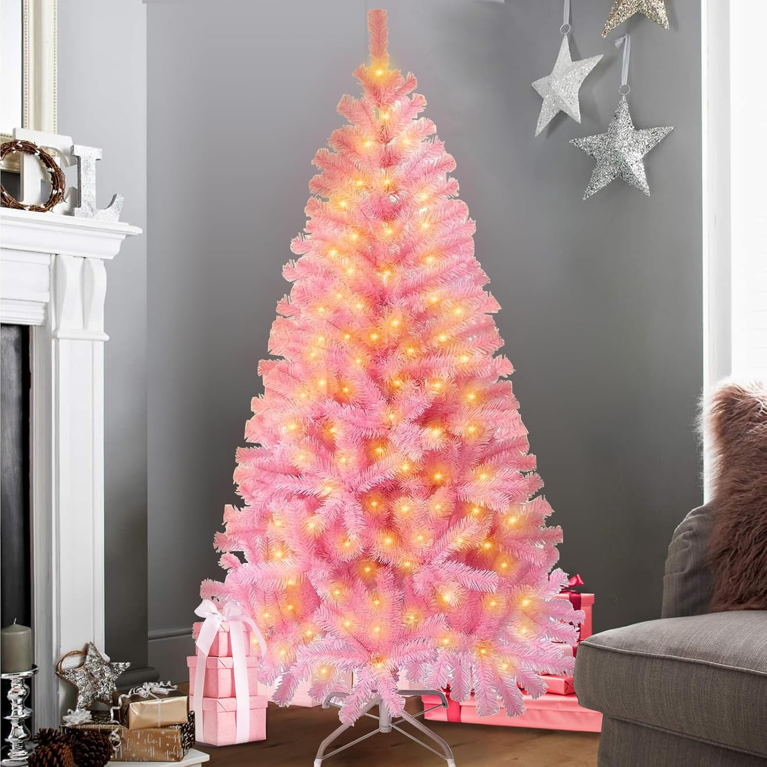 4.5ft Small Pink Christmas Tree - 120 LED Lights 350 Pink Branch Tips Artificial Christmas Tree with Remote Timer - Pink Xmas Girls Room