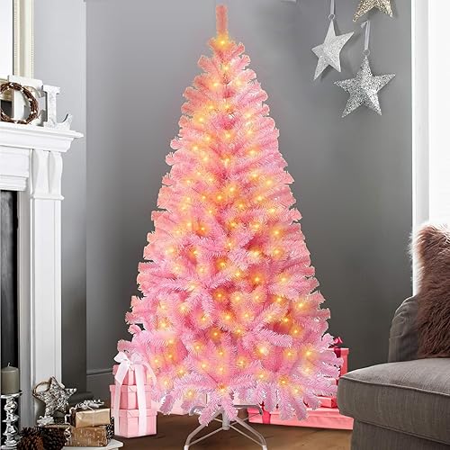 Miniatura 8 de Árbol de Navidad rosa de 7.5 pies con cadena de luces USB, árbol de Navidad artificial con soporte de metal, 1000 puntas de rama, 8 modos de
