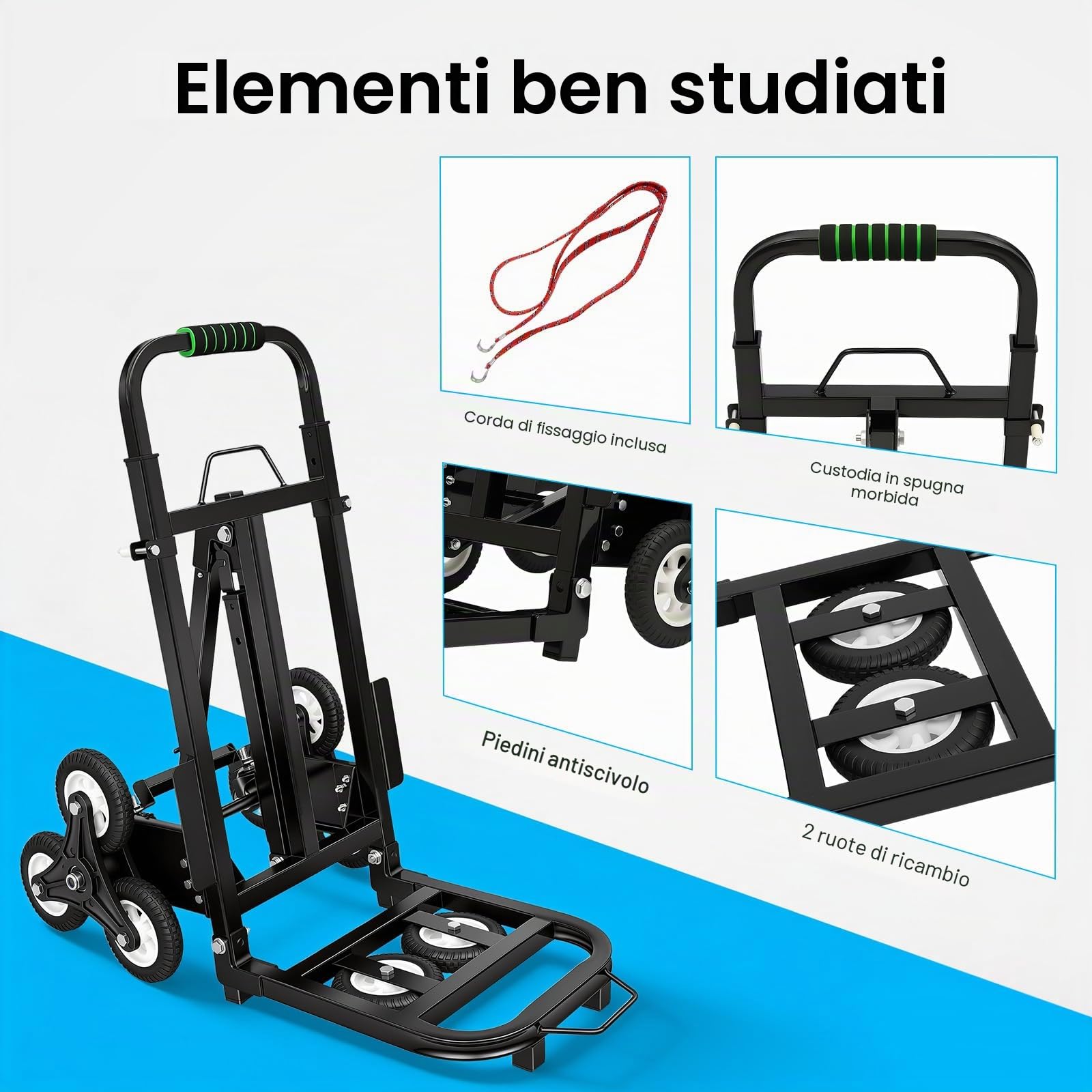 Carrello per salire le scale, pieghevole, carrello per il trasporto di scale, carrello pieghevole in acciaio, portata 150 kg, manico regolabile in altezza, con cavo di fissaggio, per magazzino