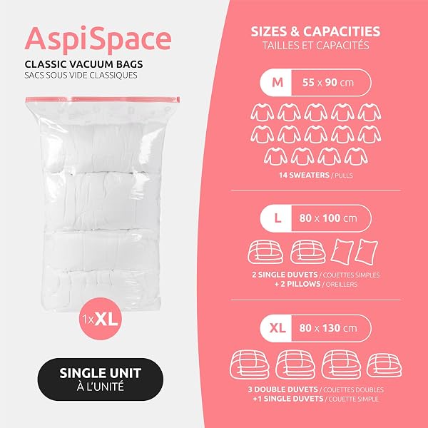 Compactor - Sac de rangement sous vide XL 130x80 cm - Grande capacité pour couettes, oreillers, vêtements - Utilisable avec aspirateur - Housse compression hermétique - 5