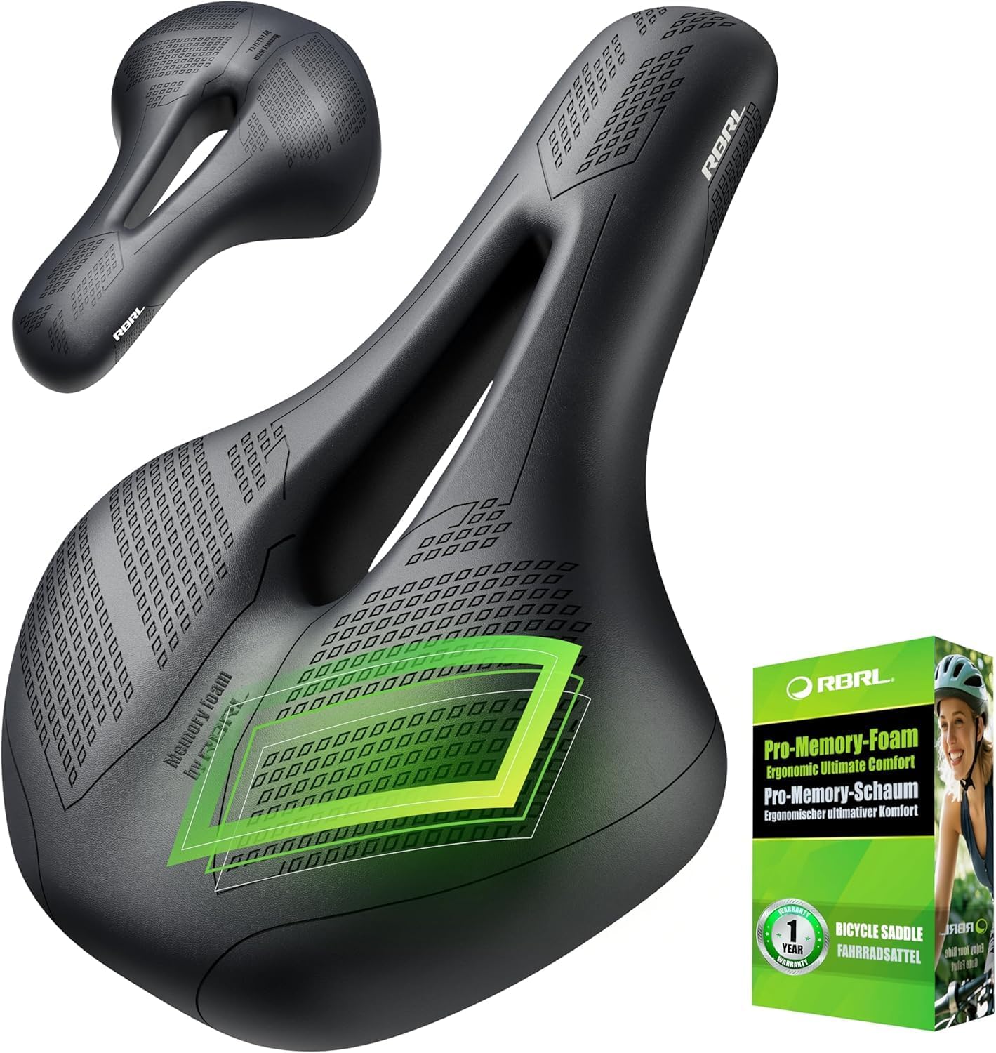 RBRL Bike Seat – Comfortable, Wide Pro-Memory Foam Bike Seat Cushion with Double Shock Absorption, Waterproof Bicycle Saddle, Exercise Bike Seat for BMX, MTB & Road