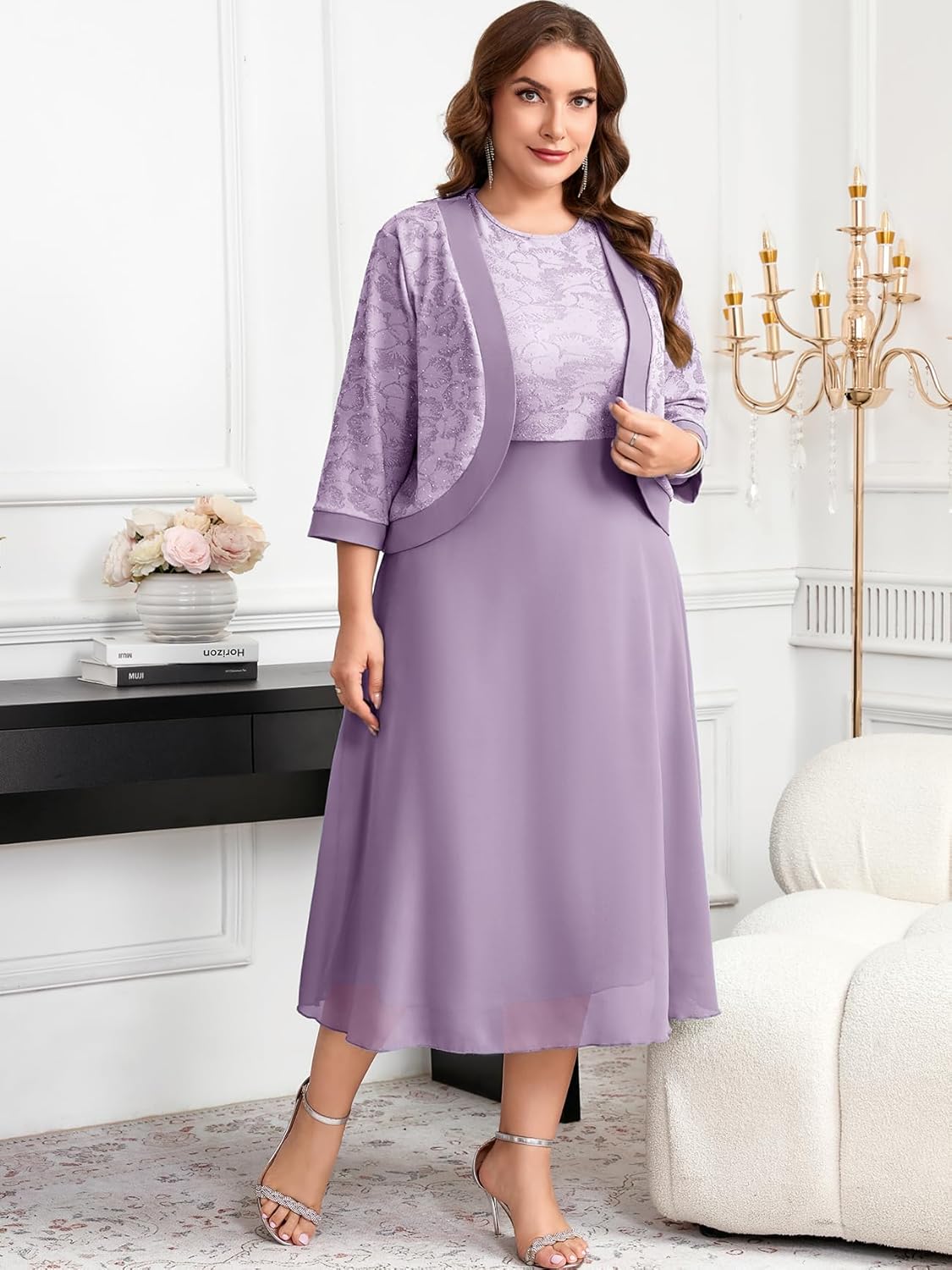 CYCLAMEN Plus Size Mother of The Bride Dress 2 Piece Set with Jacke Chiffon A-Line Sparkly Gown for Wedding Guest Formal - Image 6