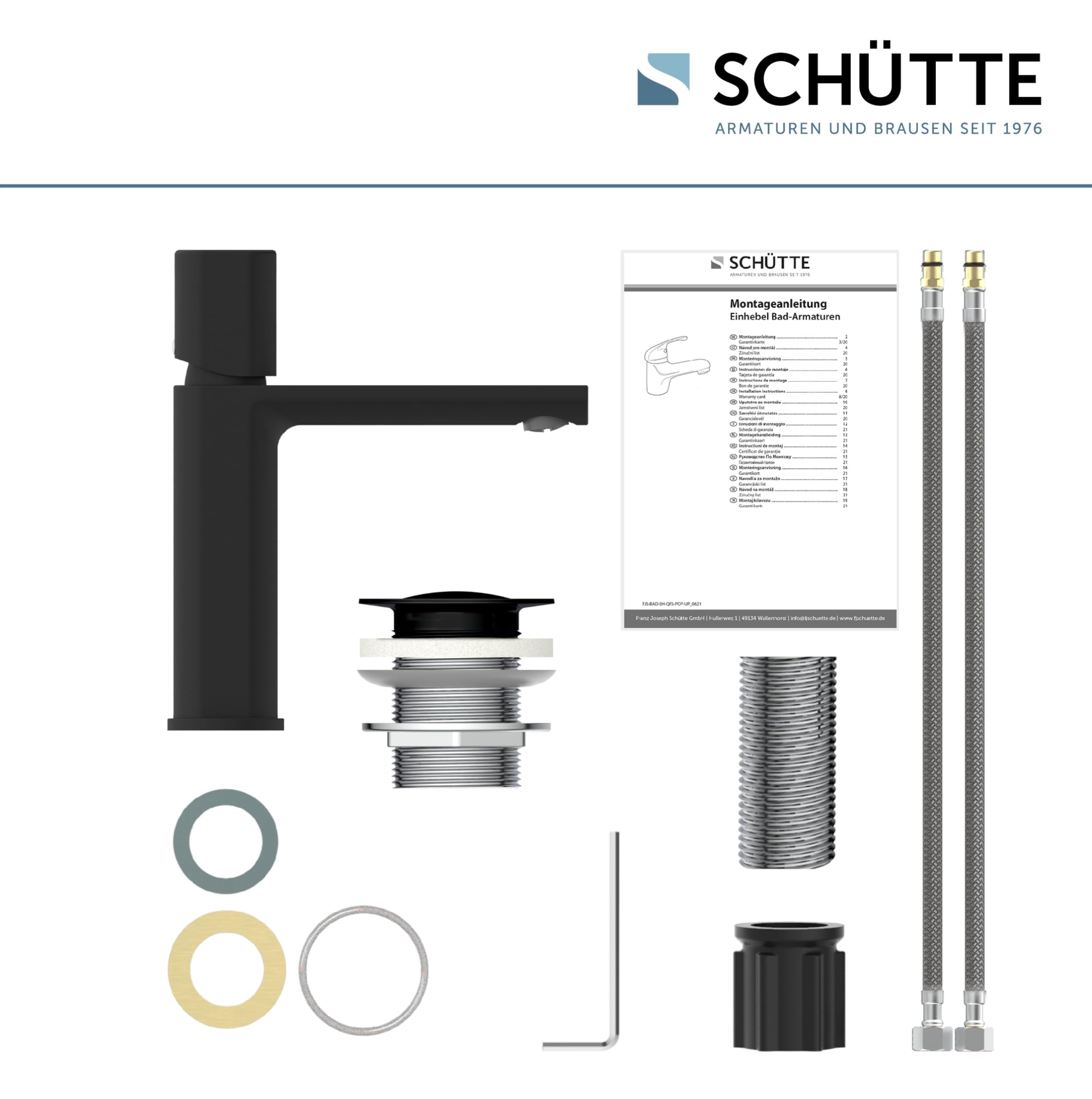 Schütte New York 33616 - Grifo mezclador monomando para lavabo con desagüe, grifo mezclador con válvula emergente, grifo de baño, monomando para baño, color negro