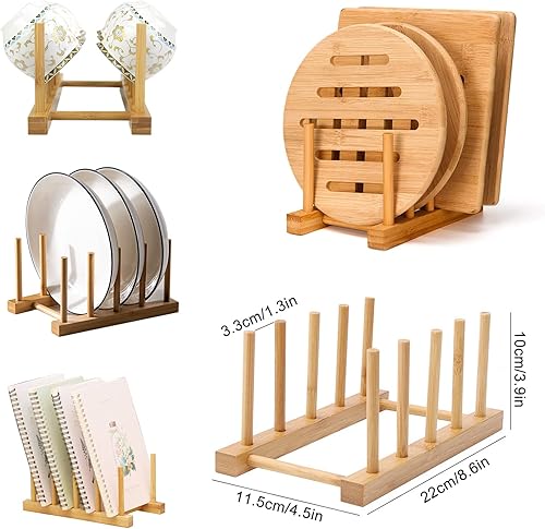 Miniatura 4 de Paquete de 5 salvamanteles para ollas y sartenes calientes con soporte para platos, diseño antideslizante de bambú natural, salvamanteles de bambú