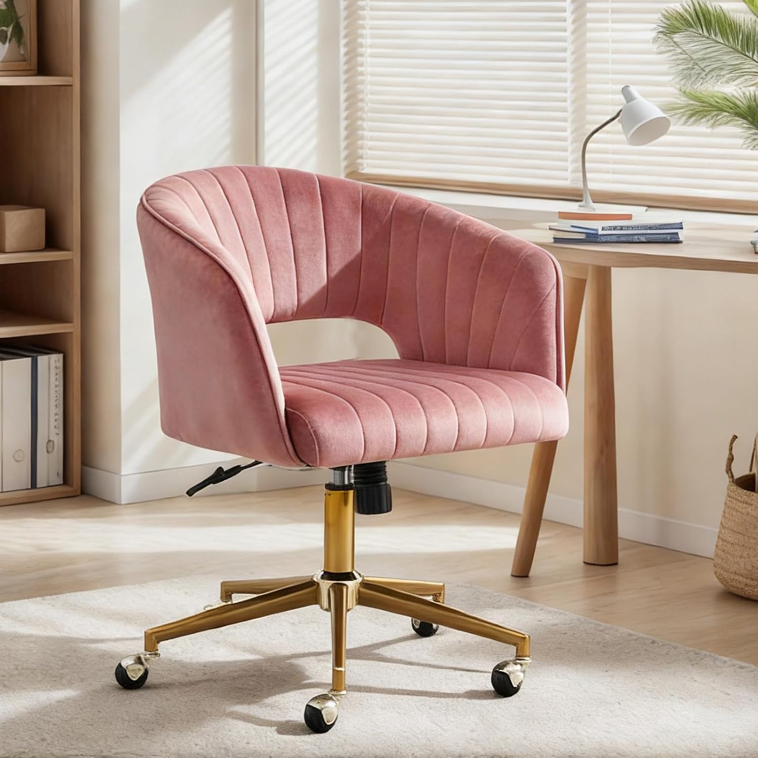 ECHINGLE Home Office Desk Chair, Velvet Upholstered Modern Tufted Comfy Office Chair for Women, Ergonomic Adjustable 360° Swivel Vanity Chair with Back for Home, Bedroom, Vanity, Study(Rose Red)