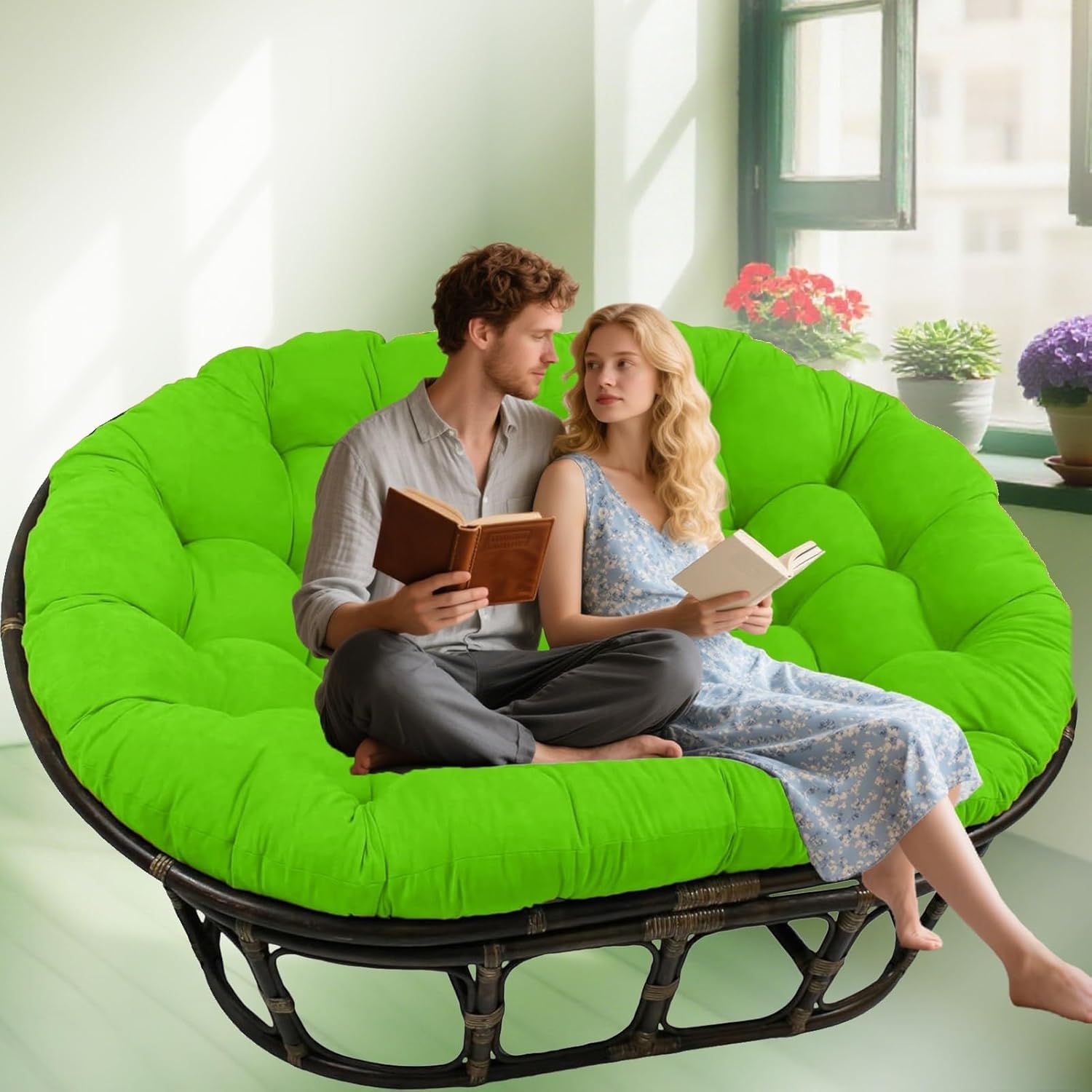 Round Double Papasan Reading Chair Cushion, 67 X 47 in, Outdoor Egg Chair Cushion Replacement, Ultra Soft and Waterproof Chair Cushion for Saucer Chairs (only Cushion)