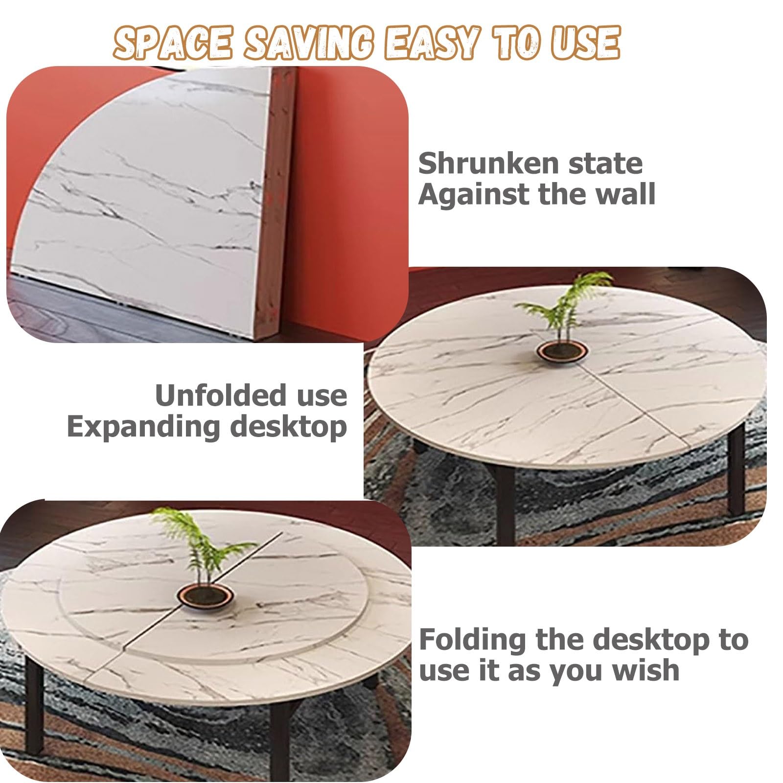 Extension de table ronde pliable de 150 cm – Table de salle à manger en bois massif avec marbre, design peu encombrant, table pliante polyvalente pour cuisine, salle à manger et événements