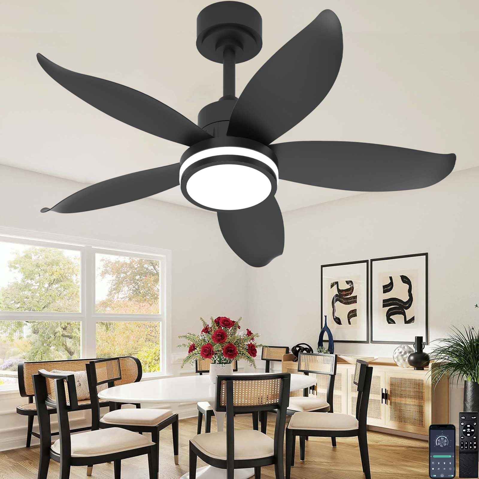 SXDMOUBK Dimmable Silent Ceiling Fan with Lights Remote & APP Control 6-Speed Reversible Timer Funct Perfect for Bedrooms Living Rooms & Dining Rooms Black