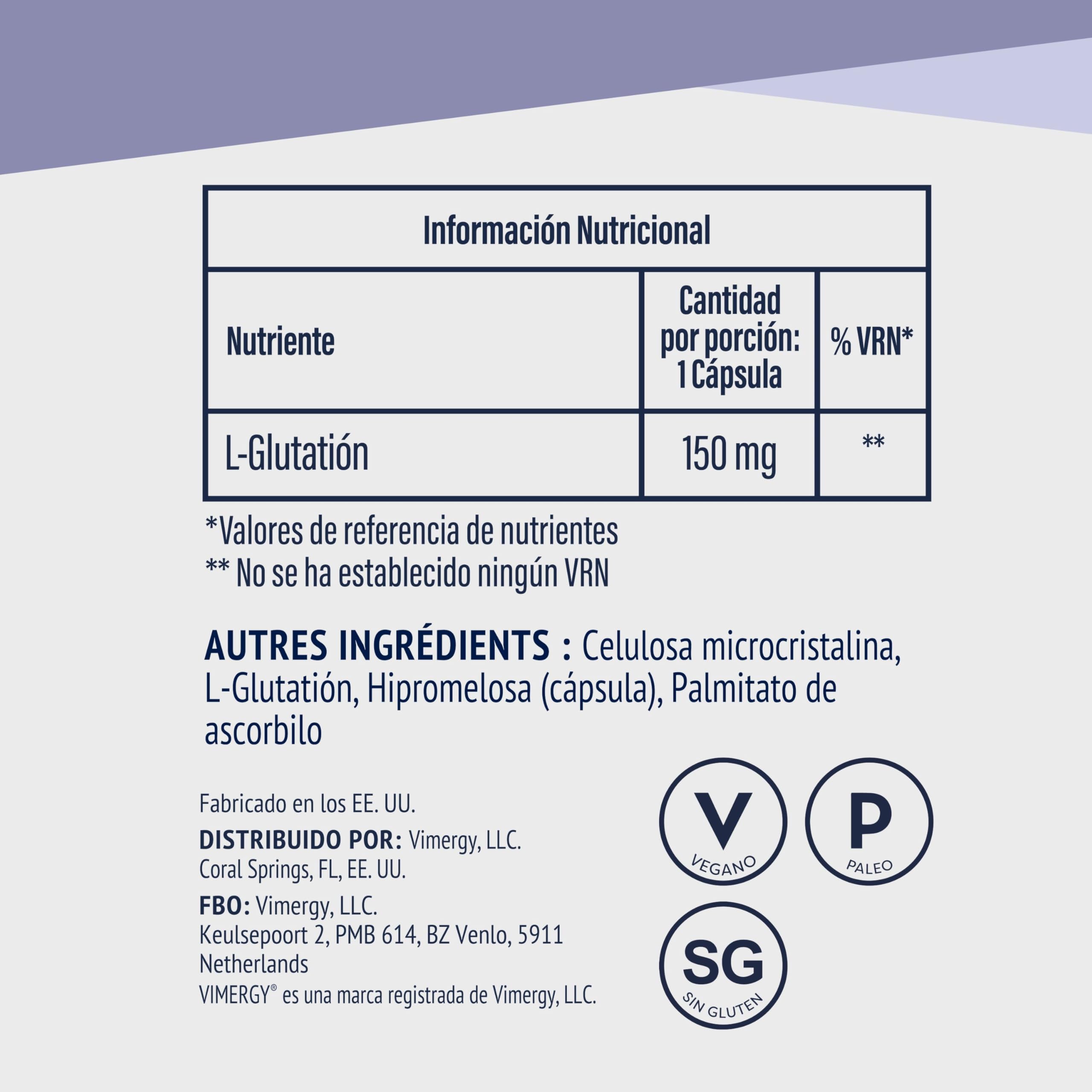Vimergy Glutathione – 150 mg, 60 Dosis – L Glutatión Puro Antioxidante Celular – Suplemento de Glutatión en Polvo en Cápsulas Veganas sin Gelificantes - Sin Gluten - Sin OMG – Kosher